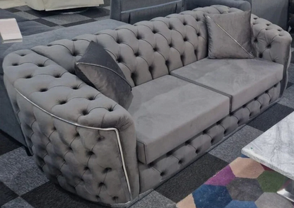 Toronto Chesterfield Sofa 3 Seater Sofa in Grey with Silver Trim