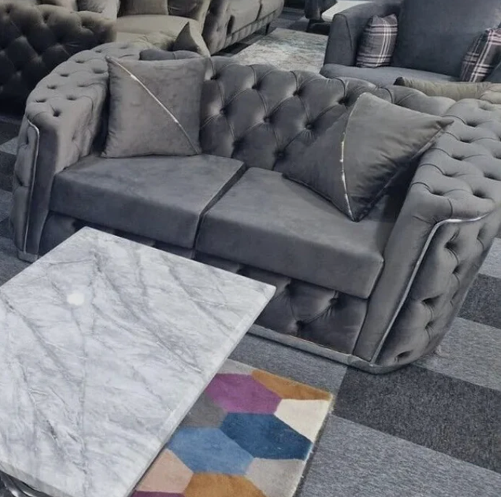 Toronto Chesterfield Sofa 2 Seater Sofa in Grey with Silver Trim