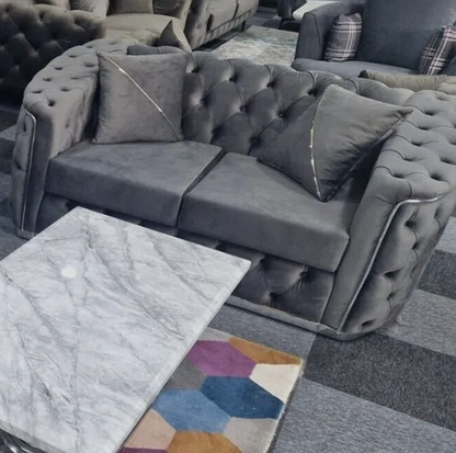 Toronto Chesterfield Sofa 2 Seater Sofa in Grey with Silver Trim