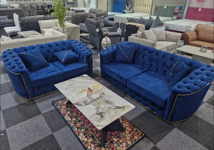 Toronto Chesterfield Sofa 3+2 Seater Sofa Set in Blue with Gold Trim