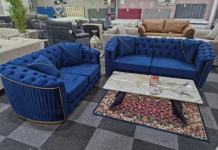 Toronto Chesterfield Sofa 3+2 Seater Sofa Set in Blue with Gold Trim