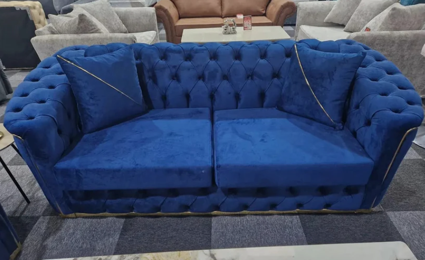 Toronto Chesterfield Sofa 3+2 Seater Sofa Set in Blue with Gold Trim