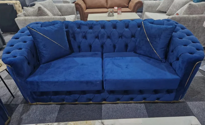 Toronto Chesterfield Sofa 3+2 Seater Sofa Set in Blue with Gold Trim