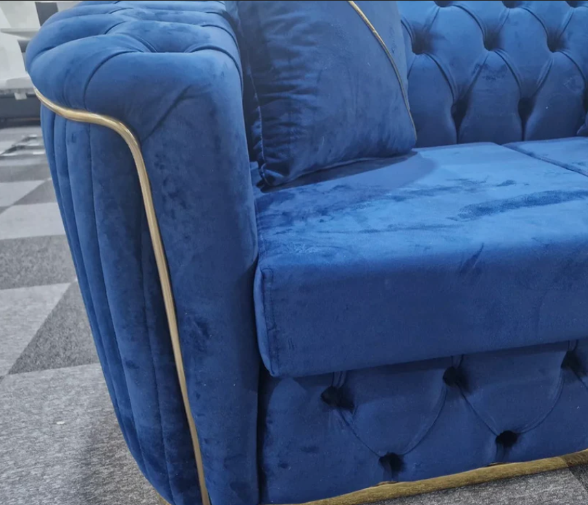 Toronto Chesterfield Sofa 3+2 Seater Sofa Set in Blue with Gold Trim