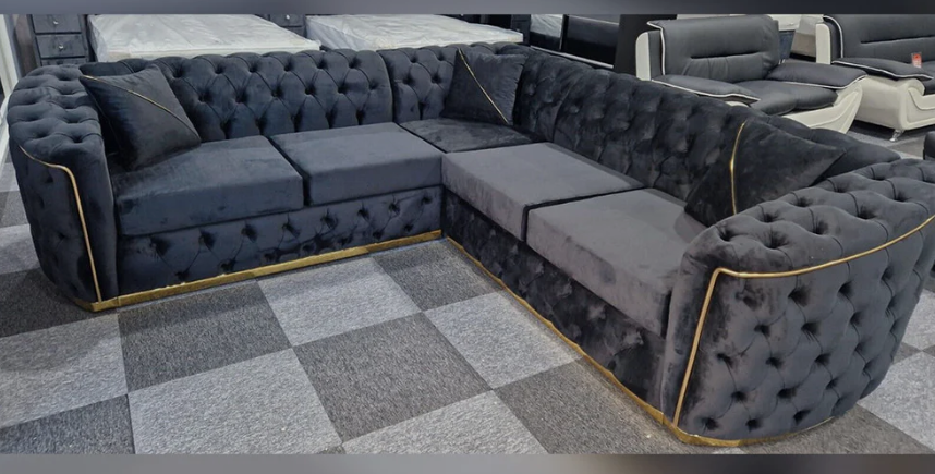 Toronto Chesterfield Corner Sofa in Black with Gold Trim