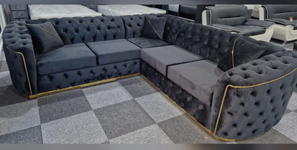 Toronto Chesterfield Corner Sofa in Black with Gold Trim