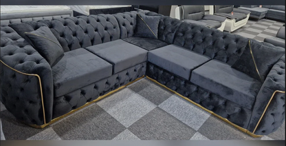 Toronto Chesterfield Corner Sofa in Black with Gold Trim