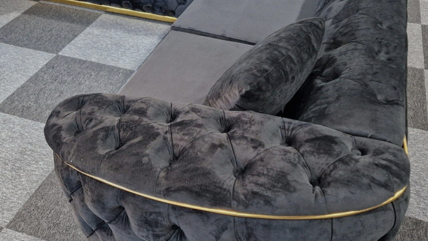 Toronto Chesterfield Corner Sofa in Black with Gold Trim