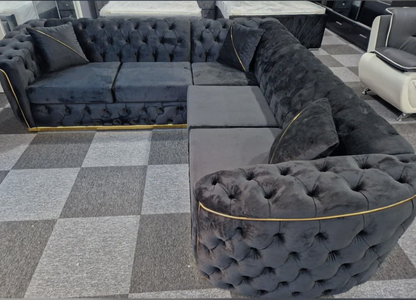 Toronto Chesterfield Corner Sofa in Black with Gold Trim