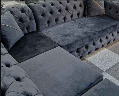 Toronto Chesterfield Corner Sofa in Black with Gold Trim