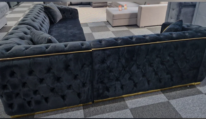 Toronto Chesterfield Corner Sofa in Black with Gold Trim