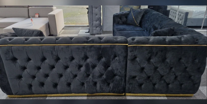 Toronto Chesterfield Corner Sofa in Black with Gold Trim