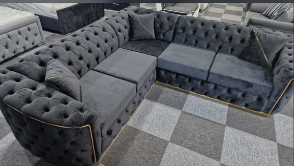 Toronto Chesterfield Corner Sofa in Black with Gold Trim