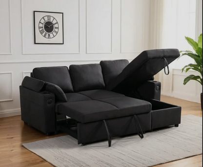 Francesca Corner Sofa Bed with USB, Storage, Cuphoders, Bed and Magazine Pocket