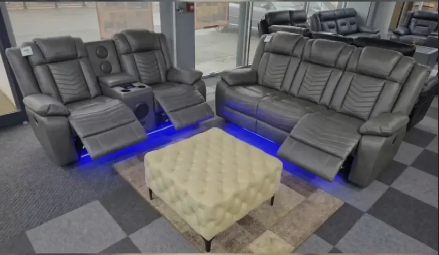 Michigan Leather 3 & 2 Seater Electric Recliner Sofa Set with LED Lighting, Cupholders, USB & Type-C Ports, Wireless Charging & Woofer Speakers