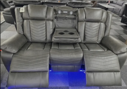 Michigan Leather 3 Seater Electric Recliner Sofa with LED Lighting, Cupholders, USB & Type-C Ports, Wireless Charging & Woofer Speakers