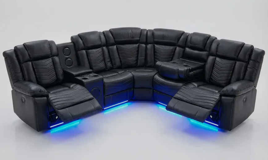 Michigan Zeus Leather Electric Recliners Corner Sofa With Cupholders, Bluetooth Speakers & LED Lights