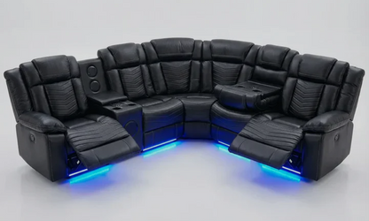 Michigan Zeus Leather Electric Recliners Corner Sofa With Cupholders, Bluetooth Speakers & LED Lights