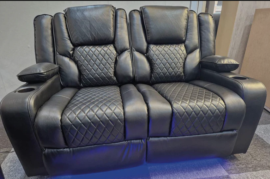 Orlando Electric Recliner 2 Seater Leather Sofa with LED Lights, Wireless Charging and Cupholders