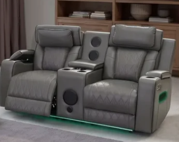 Osman Smart Leather 2 Seater Sofa with Built-in Speakers, Wireless Charging, USB-C, RGB LED & Electric Headrests