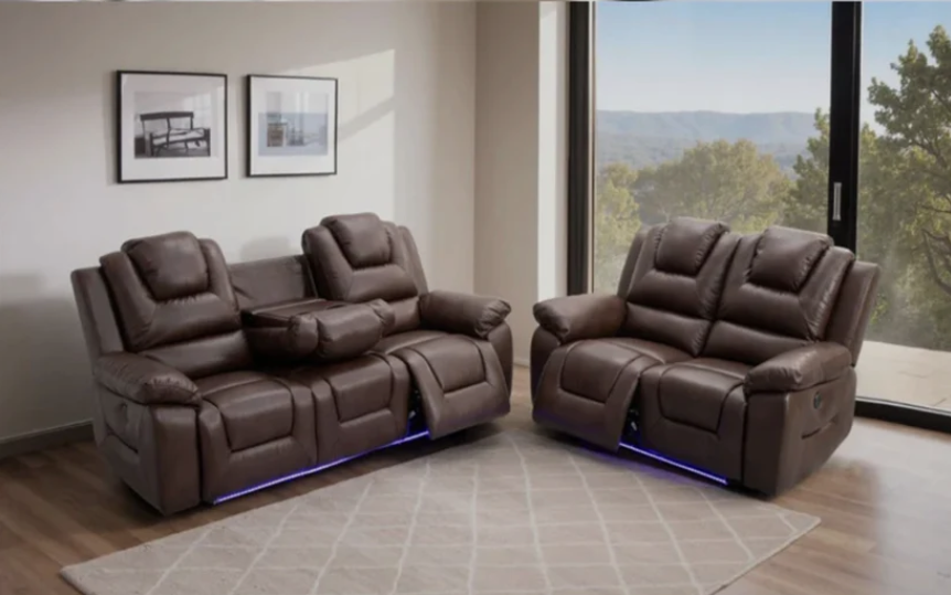 Oxford Leather Electric Recliner Sofa 3+2 Seater with Cup Holders, USB Charging Ports and LED Lights