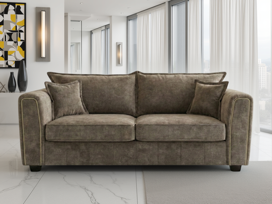 Serena Brown 3 Seater Sofa: Plush Comfort, Metal Trim, Quilted Sides, Wooden Feet