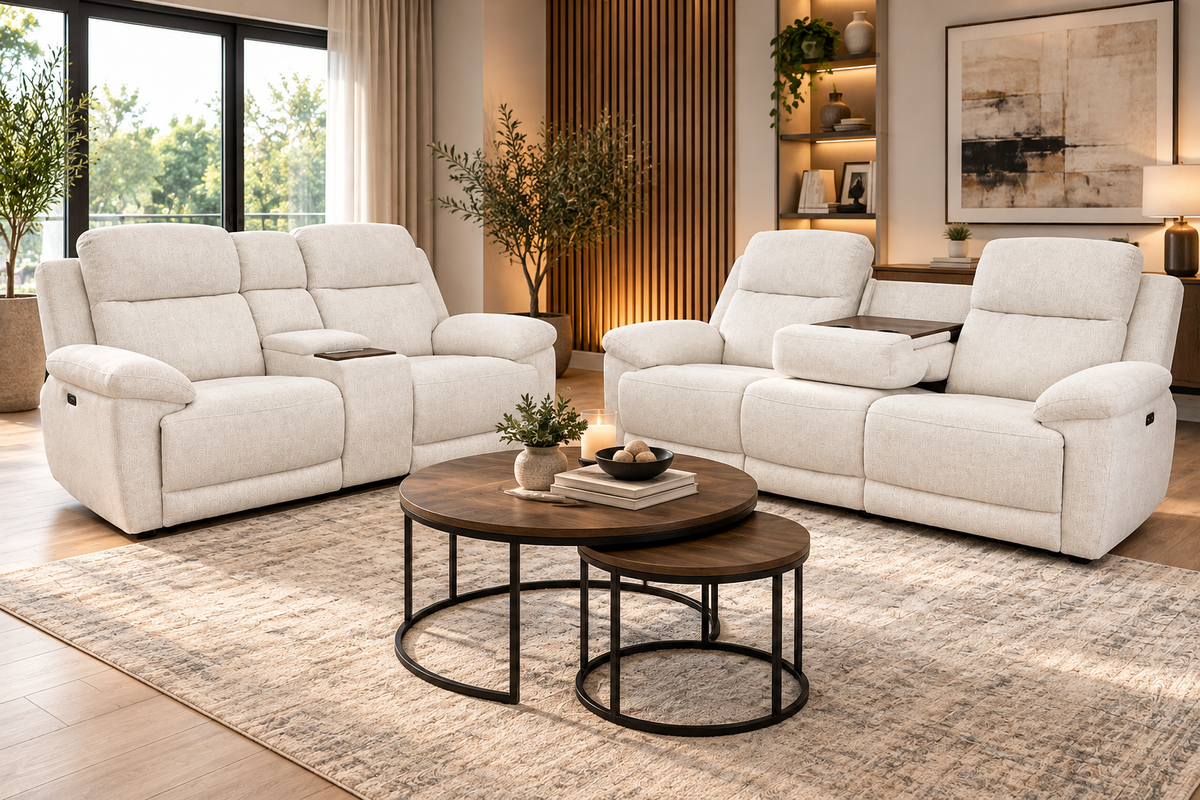 Owen Electric Recliner 2-Seater Sofa: Beige or Grey Fabric, Wireless Charging & Cupholders