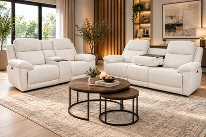 Owen Electric Recliner 2-Seater Sofa: Beige or Grey Fabric, Wireless Charging & Cupholders