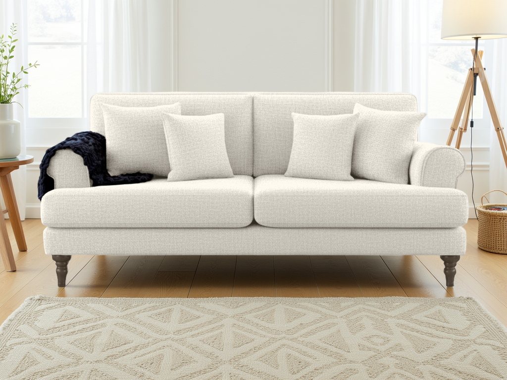Legacy Beige 3 Seater Sofa: Anti-Slip Cushions, Scrolled Arms, Turned Feet