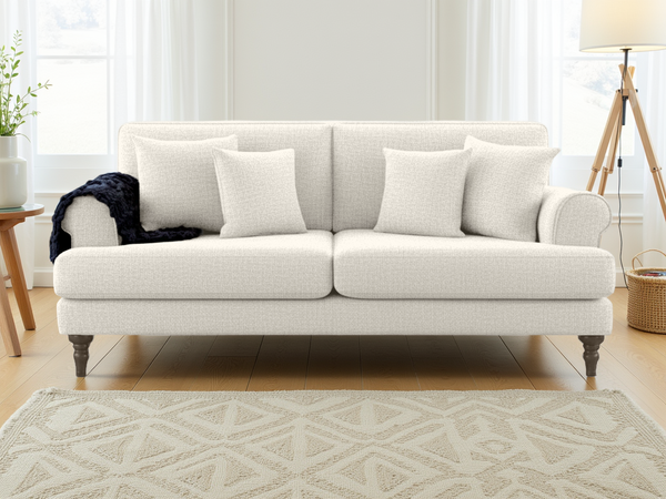 Legacy Beige 3 Seater Sofa: Anti-Slip Cushions, Scrolled Arms, Turned Feet