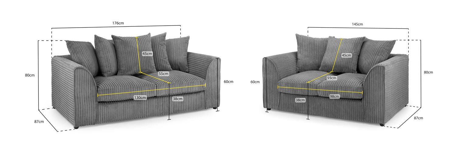 Harley Jumbo Cord Grey 3+2 Sofa Set: Removable Cushions, Wood Frame