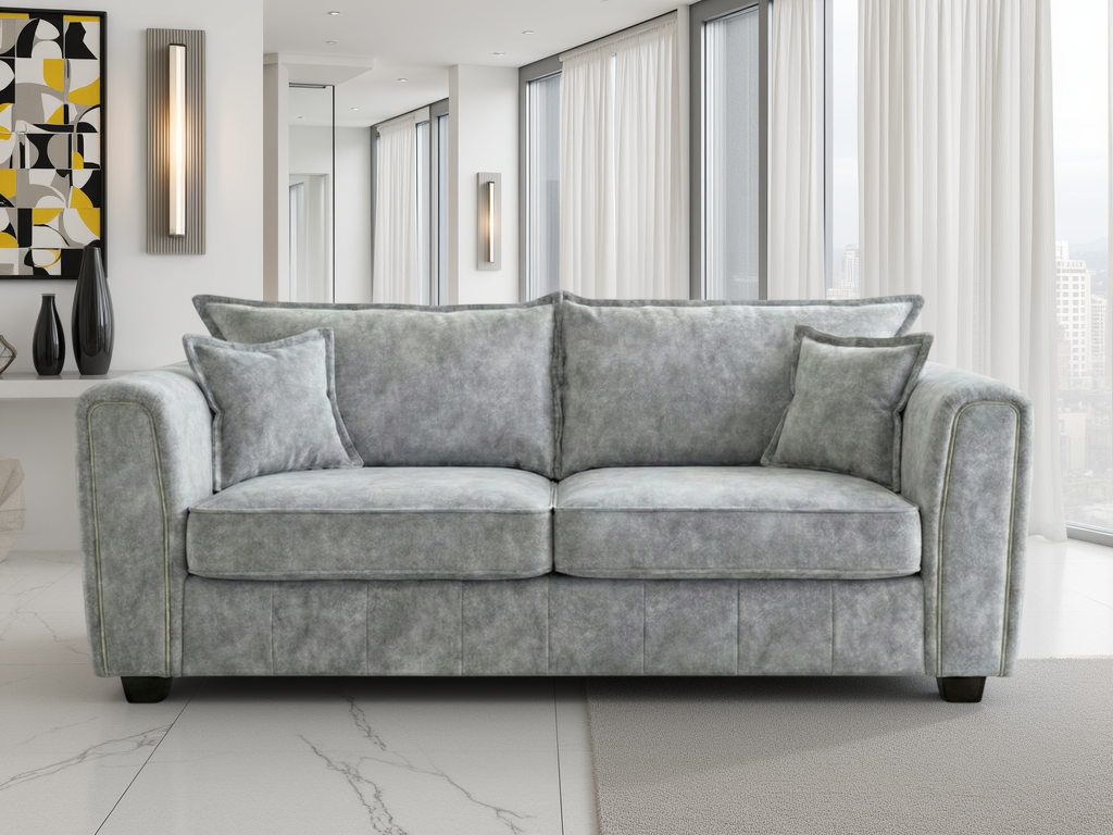 Serena Grey 3 Seater Sofa: Plush Fabric, Quilted Sides, Metal Trim