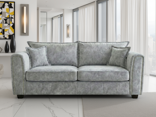 Serena Grey 3 Seater Sofa: Plush Fabric, Quilted Sides, Metal Trim